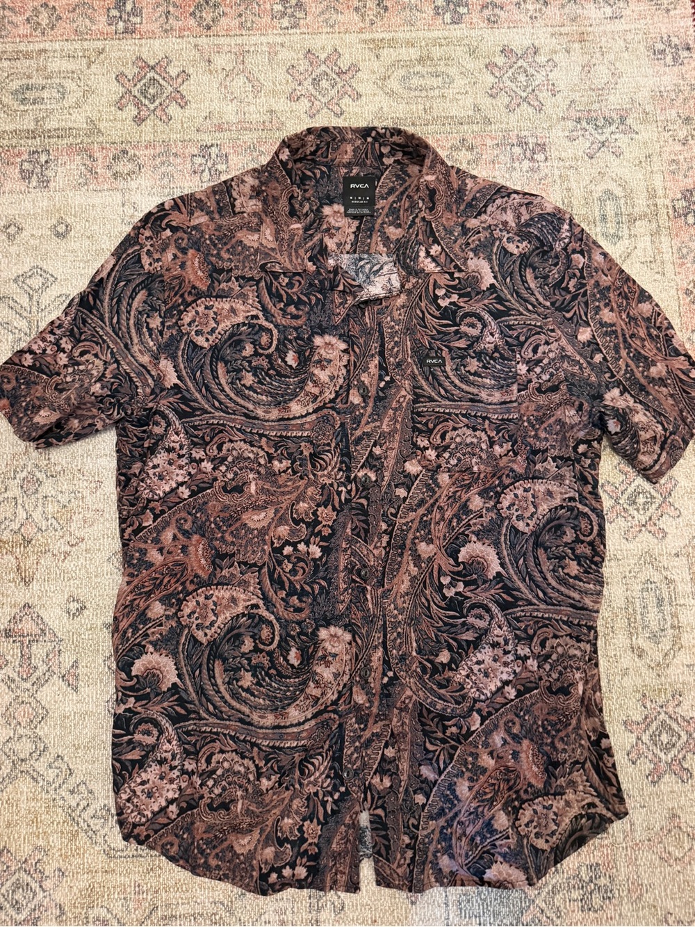 RVCA Men’s Paisley Short Sleeve Button-Up Shirt - Black & Brown